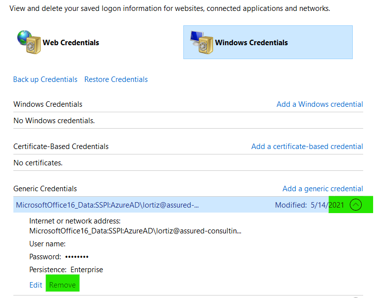 How to remove cached credentials on a windows 10 computer