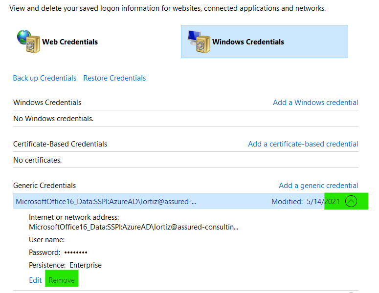 remove cached credentials windows 10